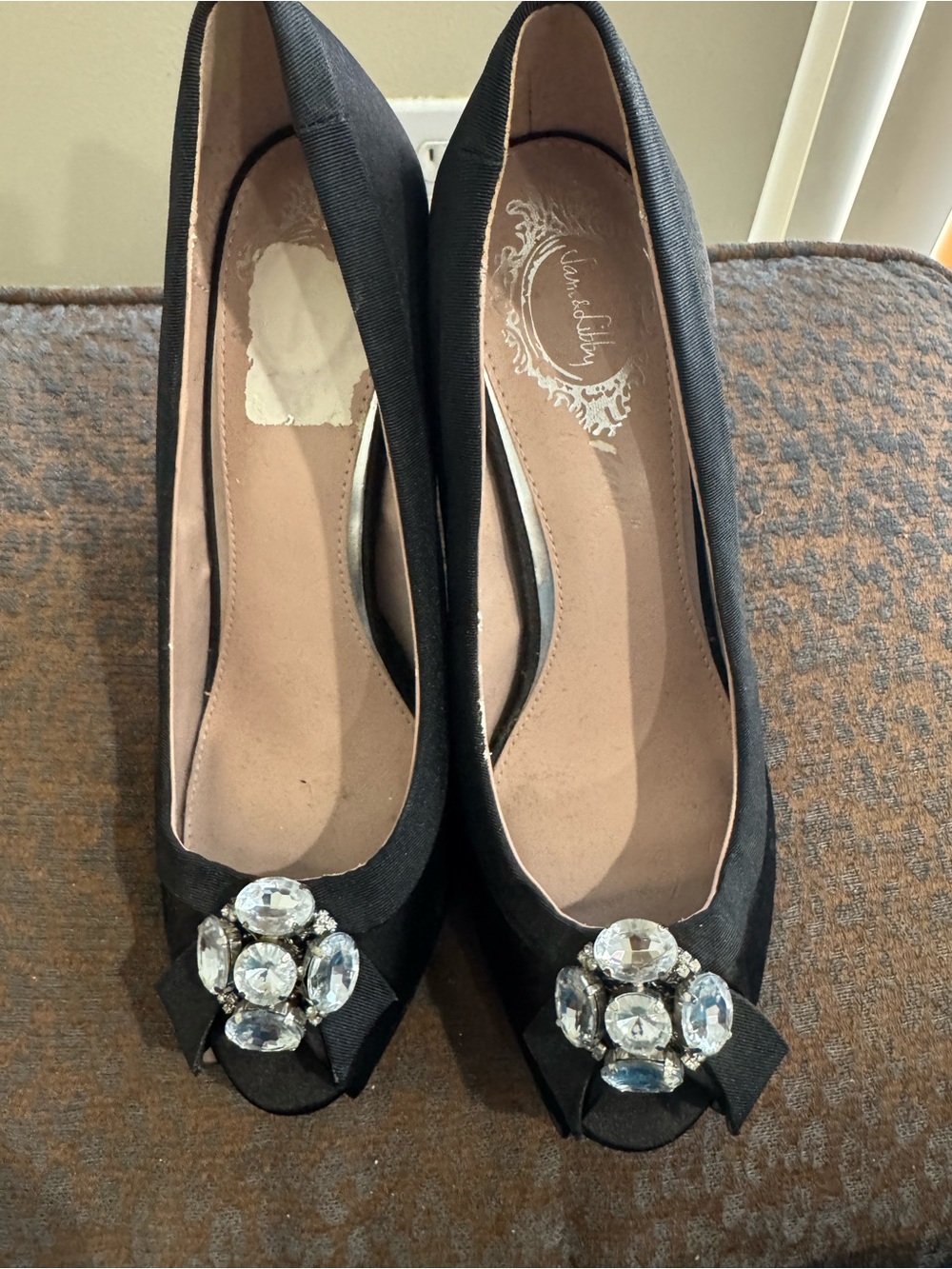 Sam & Libby Black Peep-Toe Flats with Crystal Cluster
